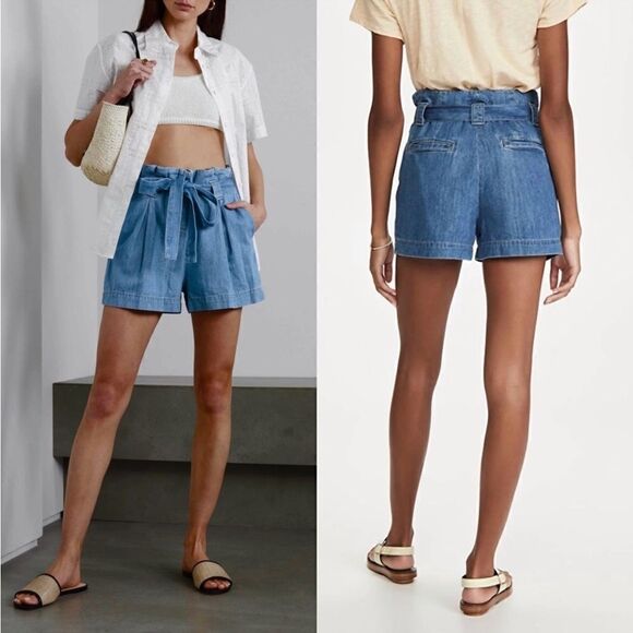 L’AGENCE High Rise Paperbag Waist Soft Denim Tie Belt Pleated Jean Shorts 25 NWT